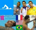 Podyum Yüzme Erkekler 50 metre serbest, Florent Manaudou (Fransa), Cullen Jones (ABD) ve Cesar Cielo (Brezilya) - Londra 2012-